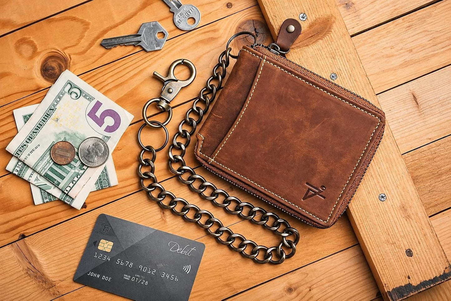 Zip Around Chain Wallet for Men – RFID Genuine Leather Bifold Wallet