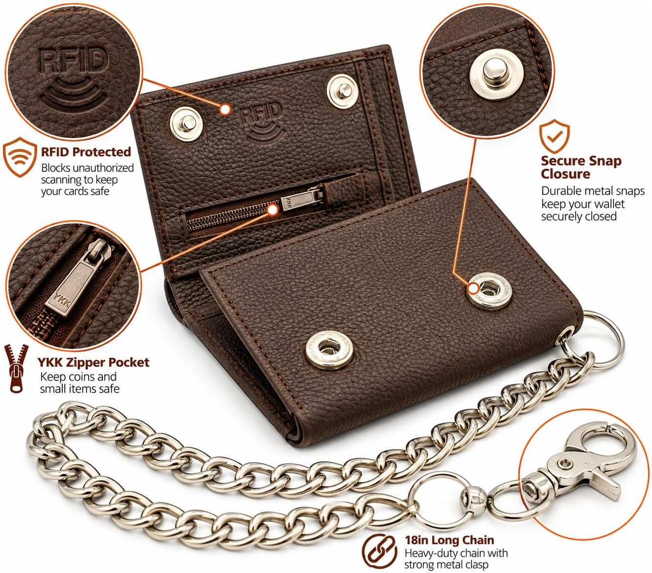 Men’s Genuine Leather Biker Trifold Wallet with Chain