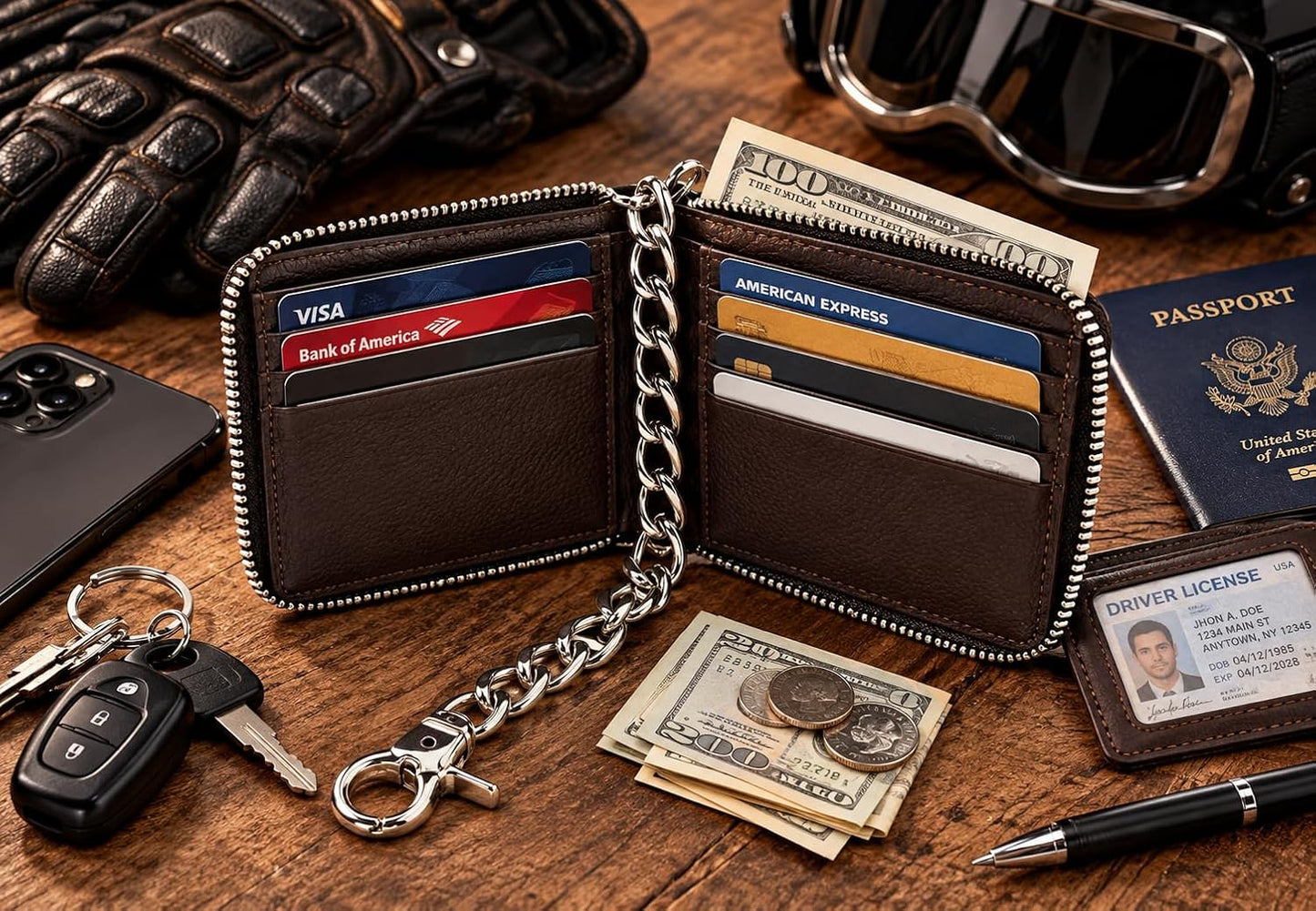 Zip Around Chain Wallet for Men – RFID Genuine Leather Bifold Wallet