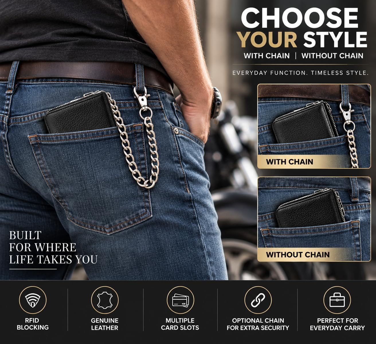 Zip Around Chain Wallet for Men – RFID Genuine Leather Bifold Wallet