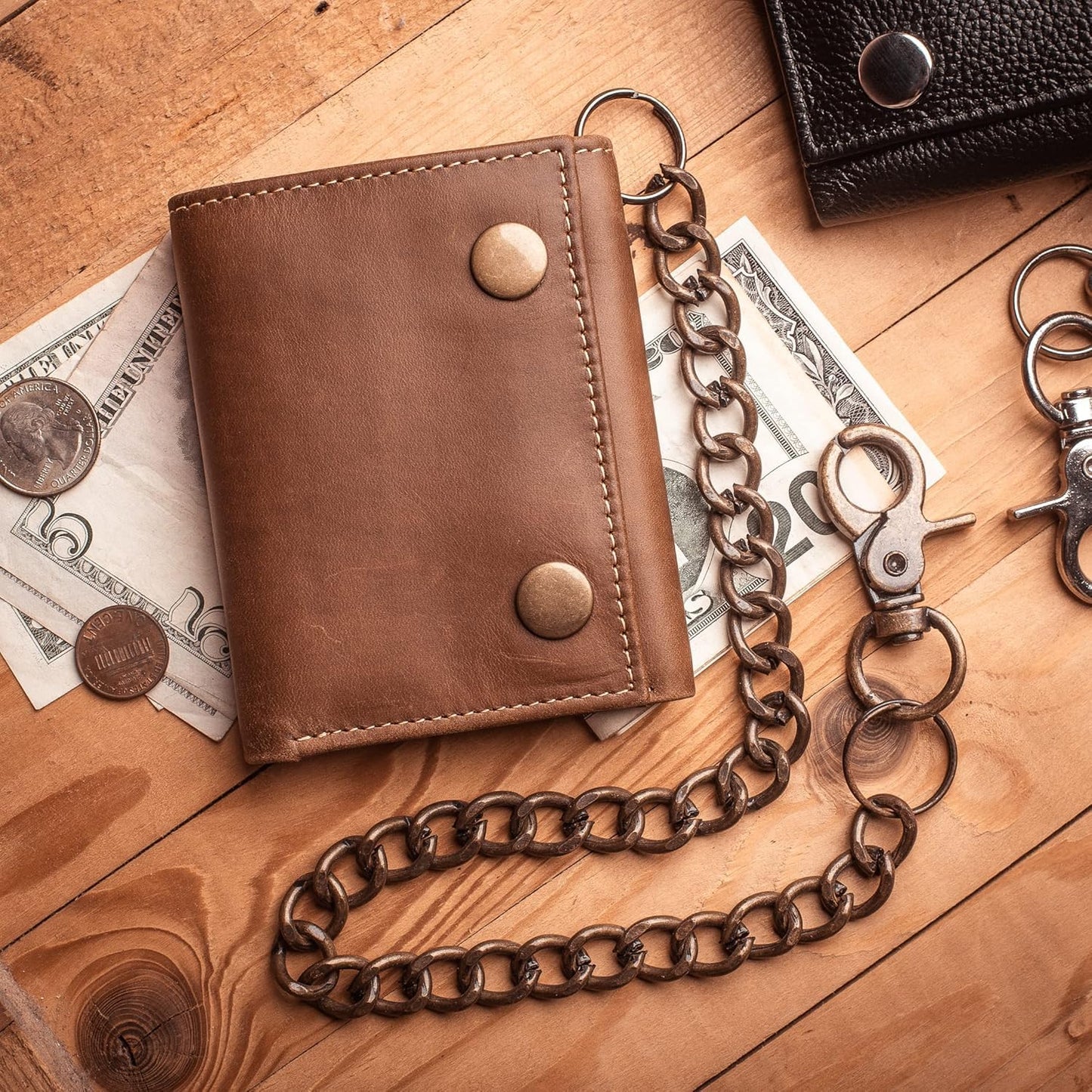 Men’s Genuine Leather Biker Trifold Wallet with Chain