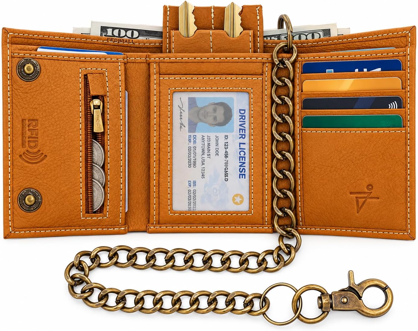 Men’s Genuine Leather Biker Trifold Wallet with Chain