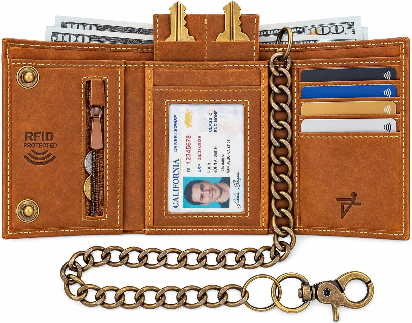 Men’s Genuine Leather Biker Trifold Wallet with Chain