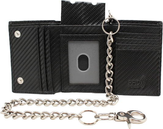 Black Carbon Fiber Leather Trifold Wallet With Chain