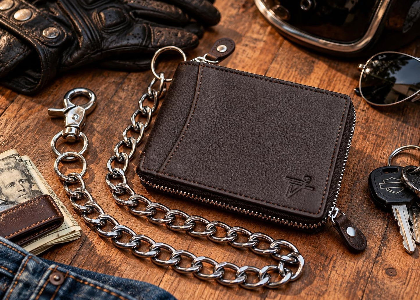 Zip Around Chain Wallet for Men – RFID Genuine Leather Bifold Wallet