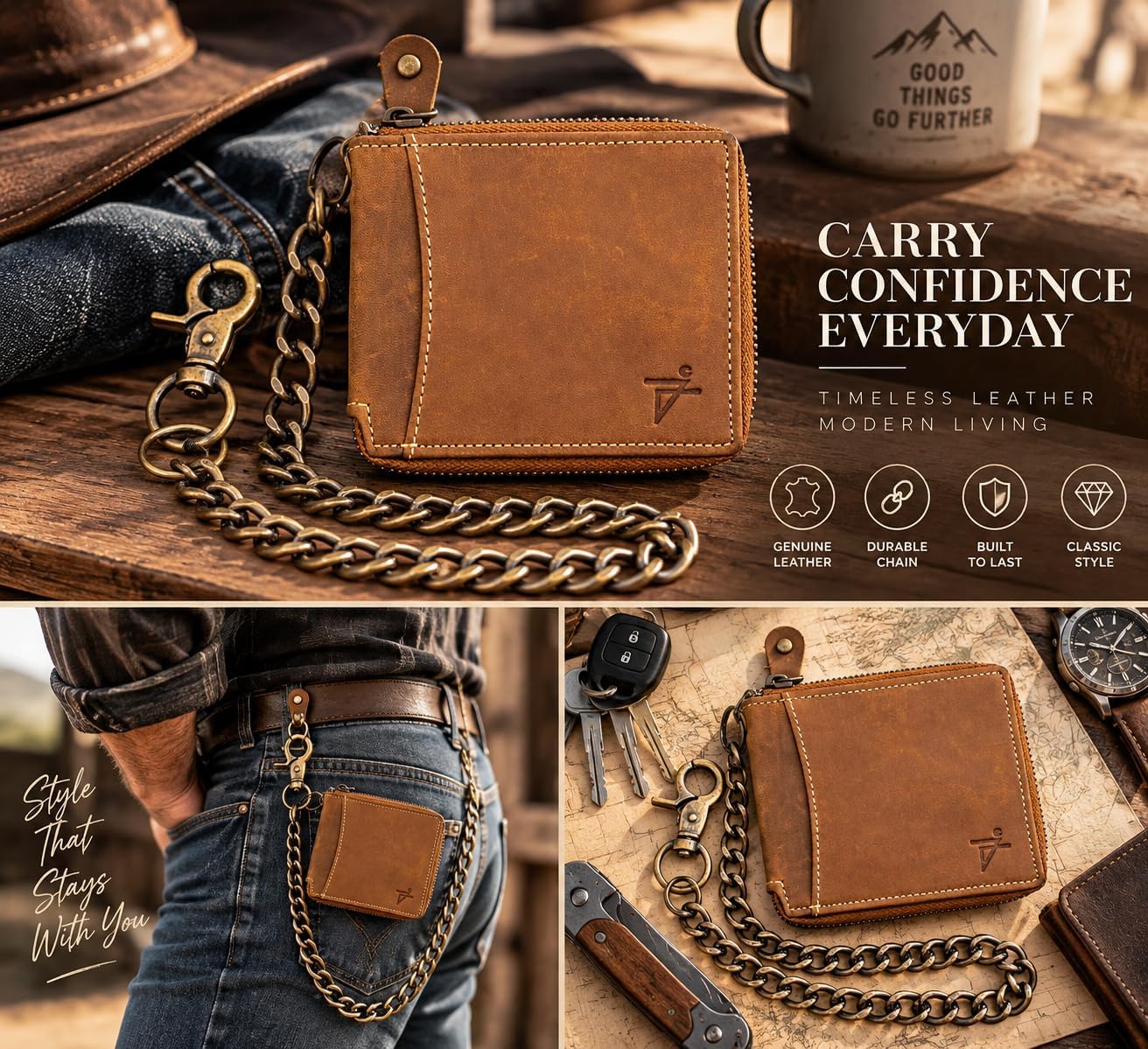 Zip Around Chain Wallet for Men – RFID Genuine Leather Bifold Wallet