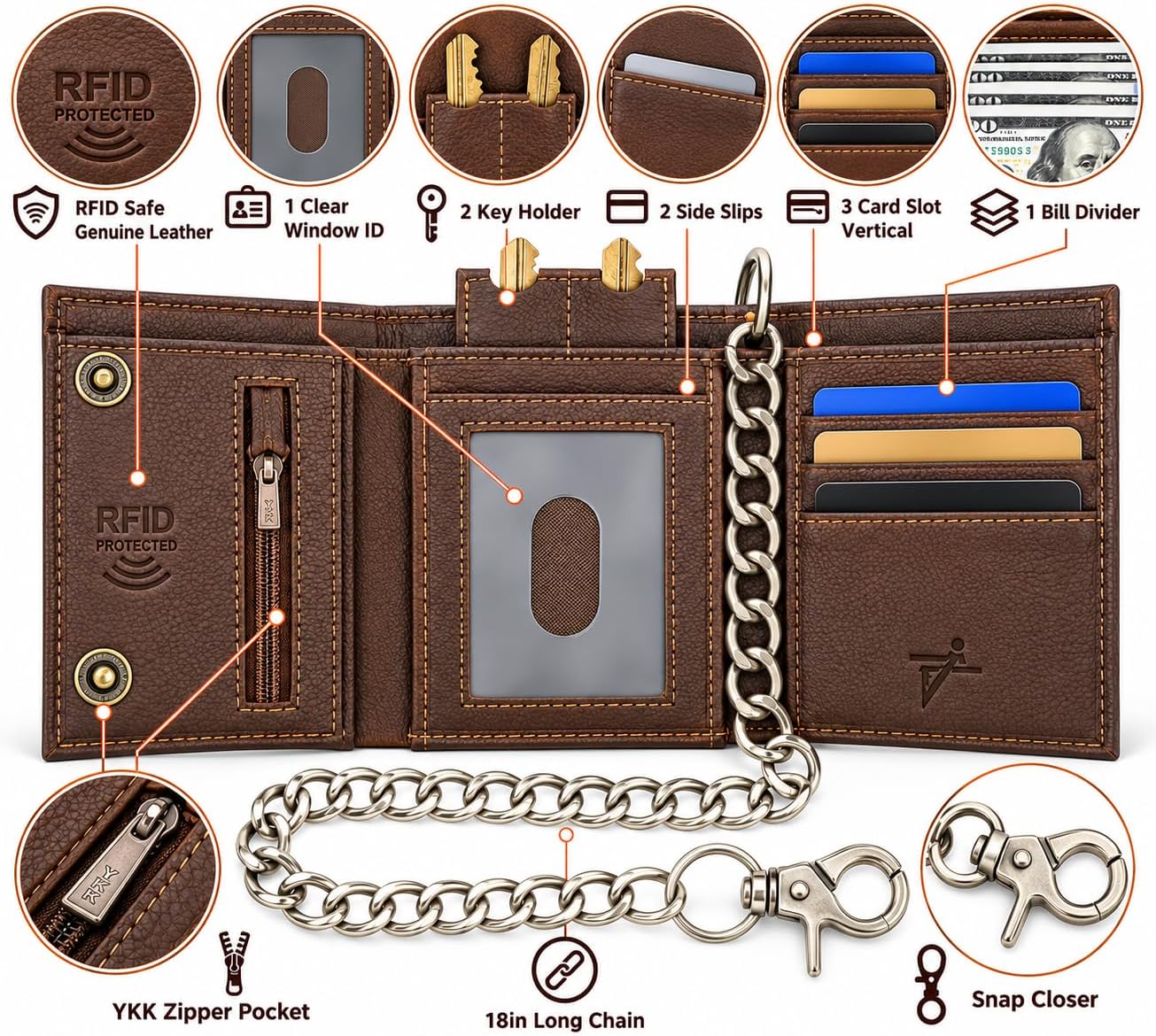 Men’s Genuine Leather Biker Trifold Wallet with Chain