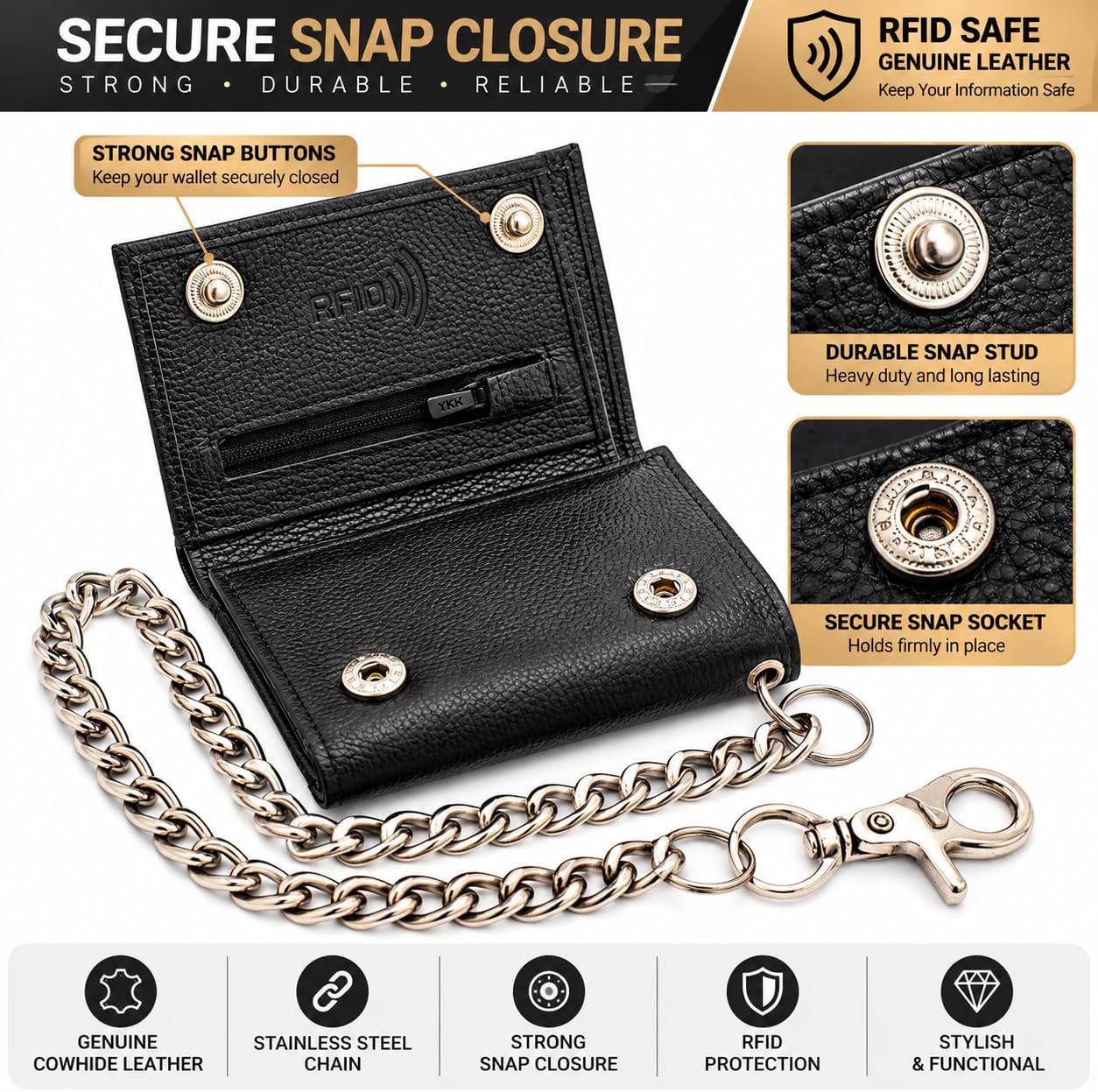 Men’s Genuine Leather Biker Trifold Wallet with Chain
