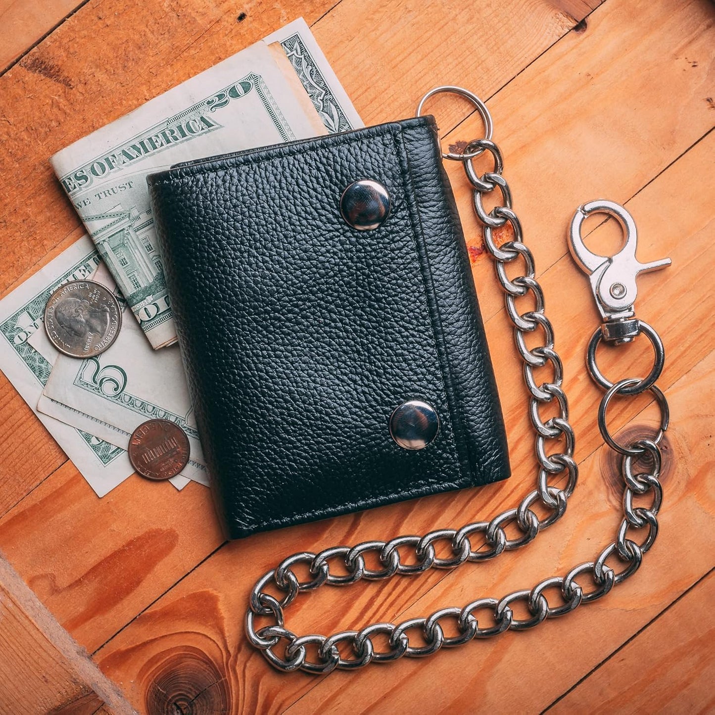 Men’s Genuine Leather Biker Trifold Wallet with Chain