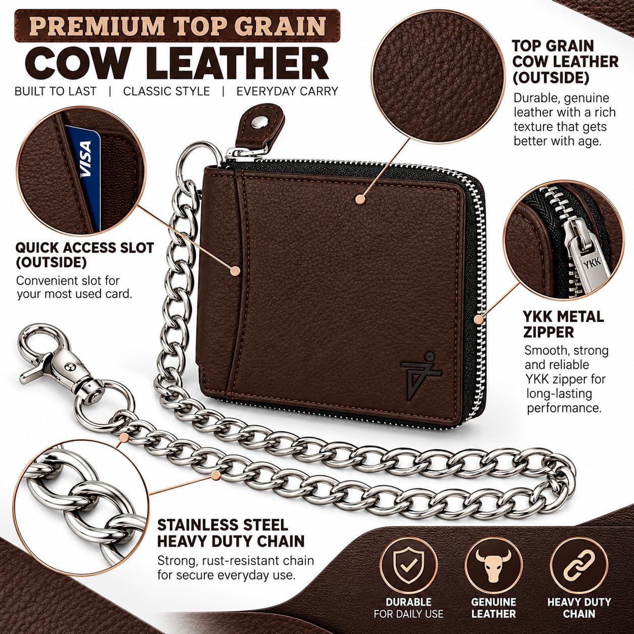Zip Around Chain Wallet for Men – RFID Genuine Leather Bifold Wallet