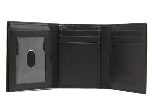 L-Fold trifold leather wallet interior view showcasing card slots and ID window in genuine calf leather.