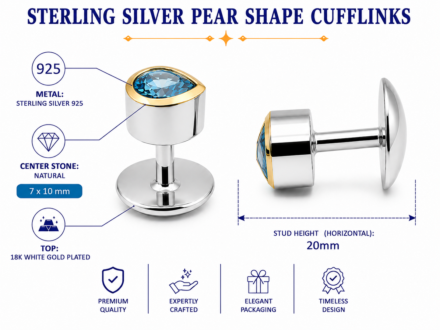 Natural Stone Pear Shape Cufflinks – 18K White Gold Plated