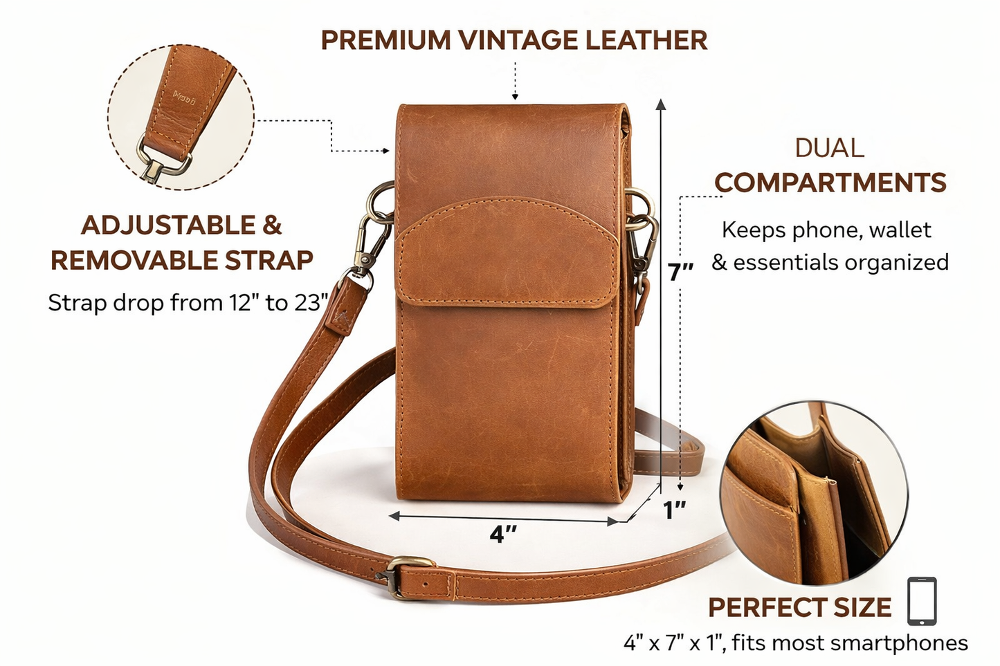 Women’s Leather Crossbody Phone Wallet Bag – Slim Dual Pocket Shoulder Bag