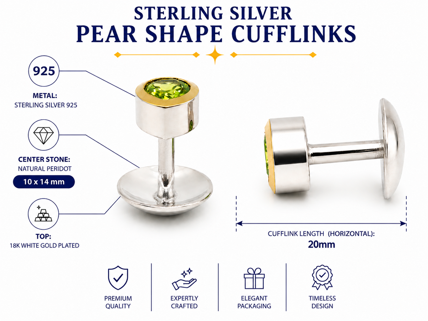 Natural Stone Pear Shape Cufflinks – 18K White Gold Plated