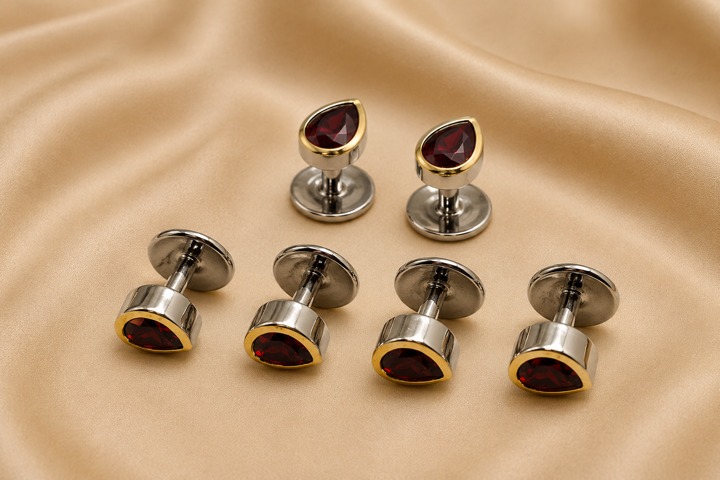 PEAR CUT Men’s Cufflinks & Tuxedo Studs Set 925 Sterling Silver 22K Yellow Gold Plated Formal Jewelry