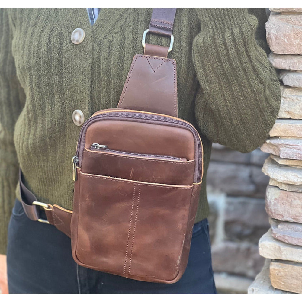 Unisex Vintage Leather Crossbody - Sling Chest Bag – Brown & Light Brown