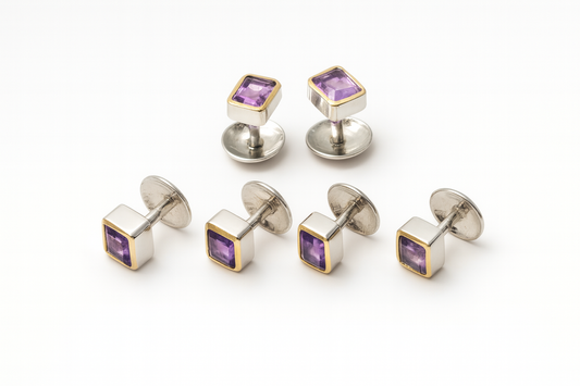 EMERALD CUT Men’s Cufflinks & Tuxedo Studs 22K Yellow Gold Plated Formal Jewelry