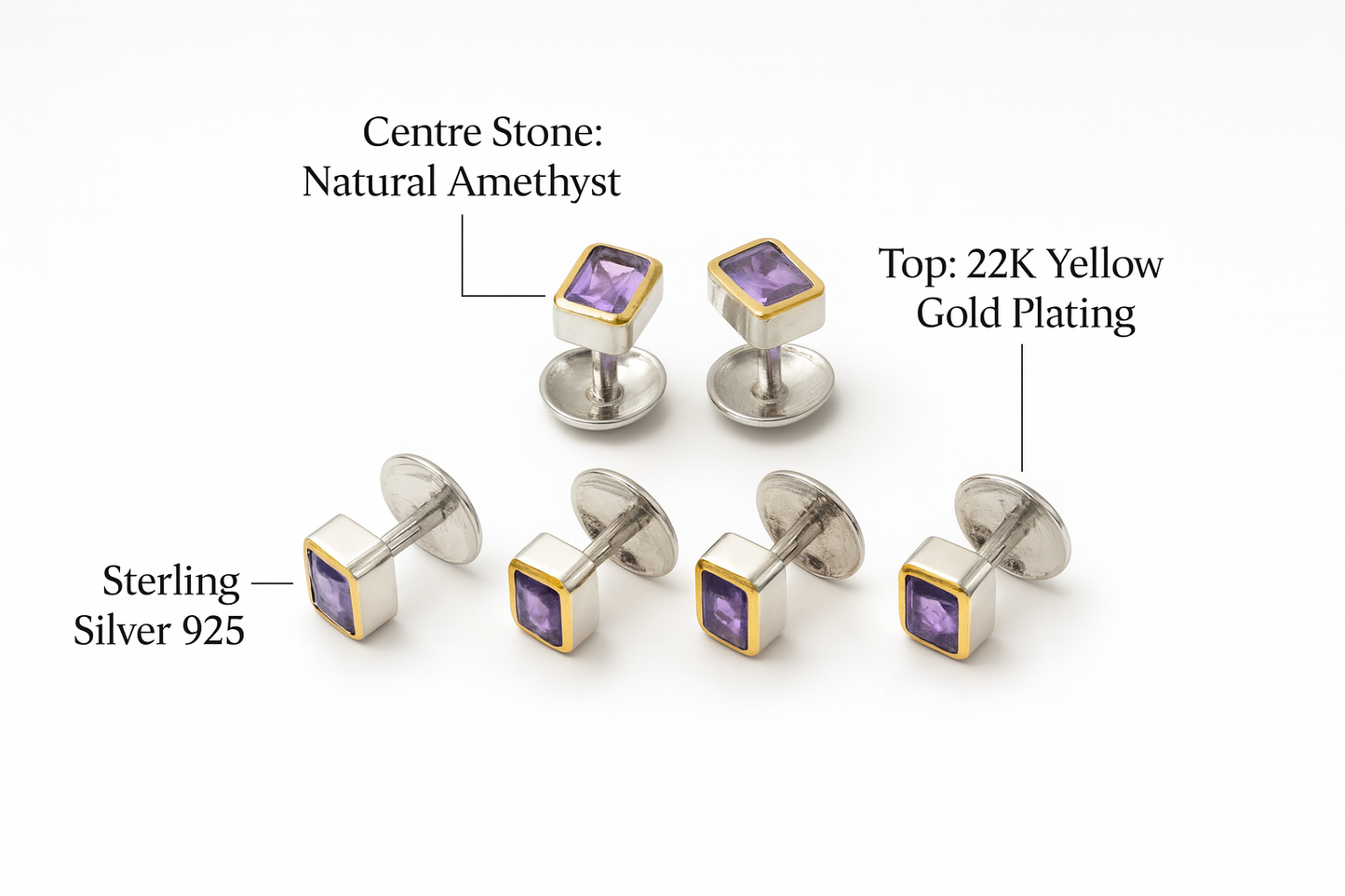 EMERALD CUT Men’s Cufflinks & Tuxedo Studs 22K Yellow Gold Plated Formal Jewelry