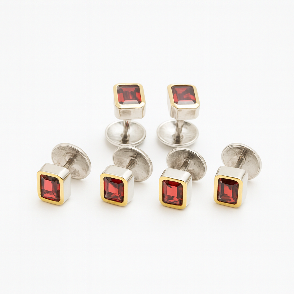 EMERALD CUT Men’s Cufflinks & Tuxedo Studs 22K Yellow Gold Plated Formal Jewelry