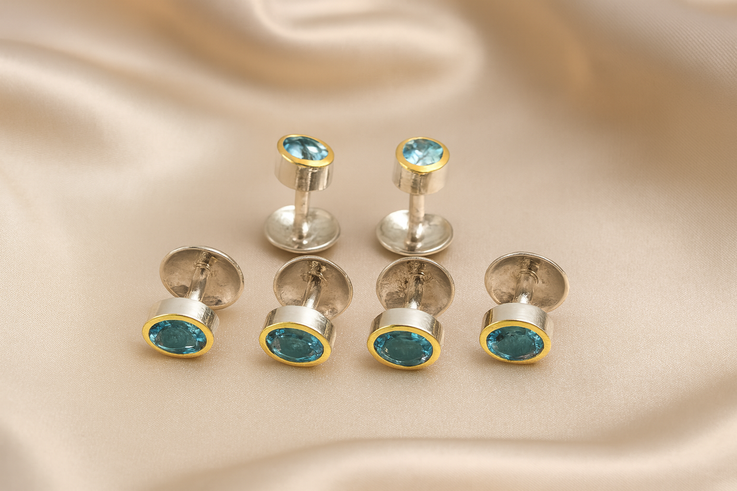 Luxury 22K Gold Plated Tuxedo Shirt Studs 6pcs Blue Topaz, Garnet, Agate & Peridot