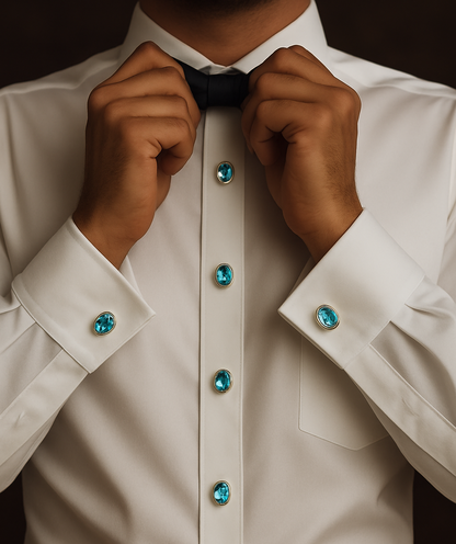 Luxury 22K Gold Plated Tuxedo Shirt Studs 6pcs Blue Topaz, Garnet, Agate & Peridot
