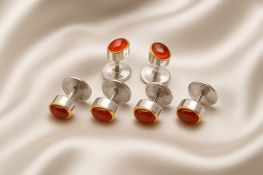 Luxury Tuxedo Shirt Studs – 22K Gold Gemstones (6pcs) displayed on soft satin fabric.