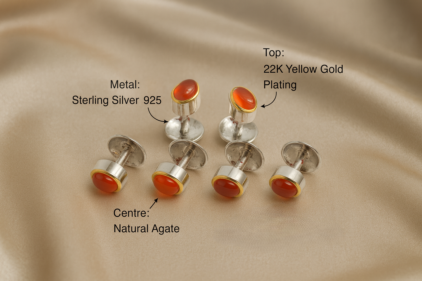 Luxury 22K Gold Plated Tuxedo Shirt Studs 6pcs Blue Topaz, Garnet, Agate & Peridot