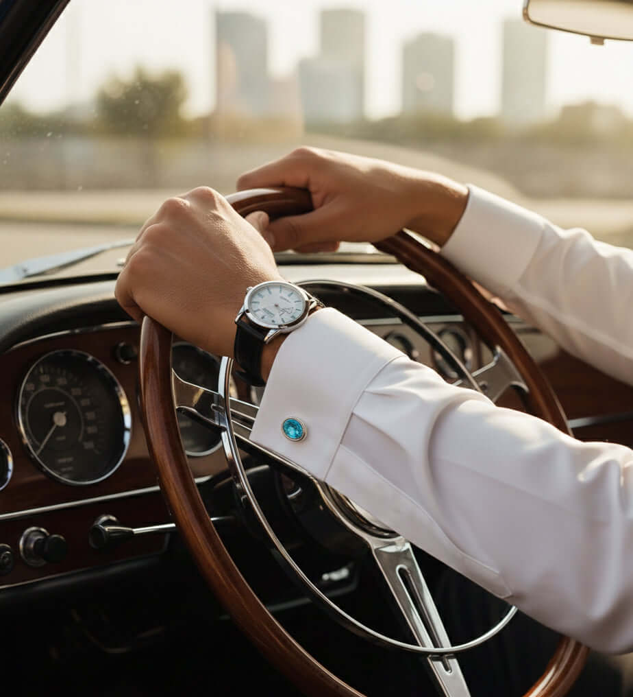 luxury tuxedo shirt studs showcased on a gentleman's cuff while driving a classic car