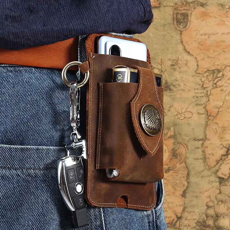 Pure Leather Mobile Phone Bag with Belt Clip Premium Rugged Leather Cell Phone Holster with Belt Loop, Belt Phone Pouches Holder for All Phones