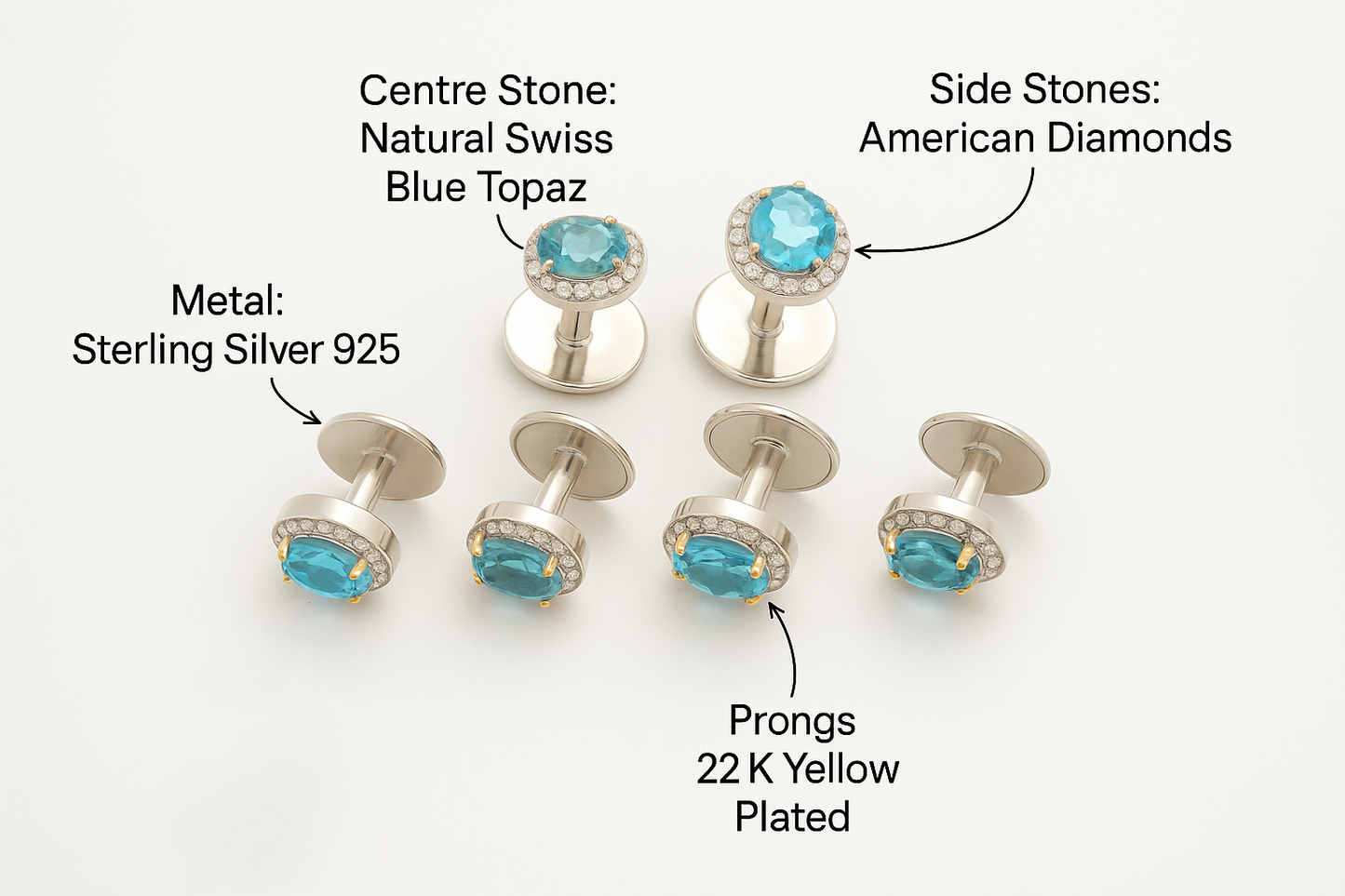 Luxury Sterling Silver 925 Shirt Studs for Tuxedo & Formal Wear
