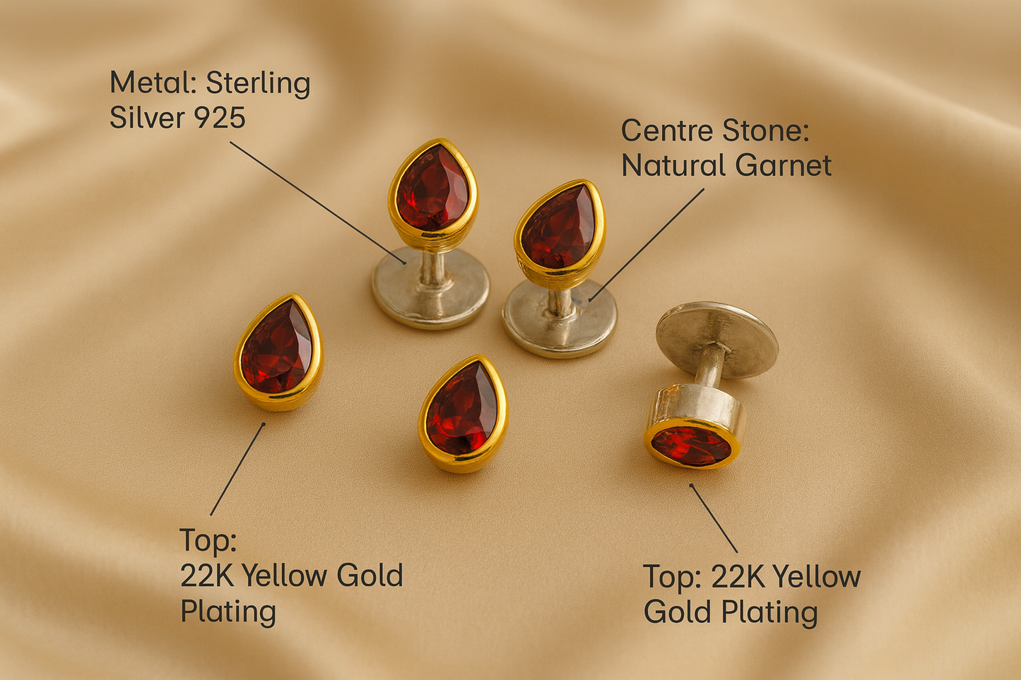 PEAR CUT Men’s Cufflinks & Tuxedo Studs Set 925 Sterling Silver 22K Yellow Gold Plated Formal Jewelry
