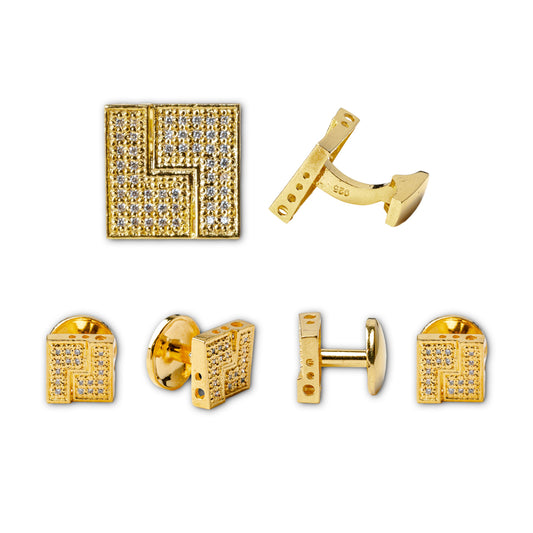 Tuxedo shirt cufflinks stud set with stylish gold-plated design and sparkling embellishments for men.