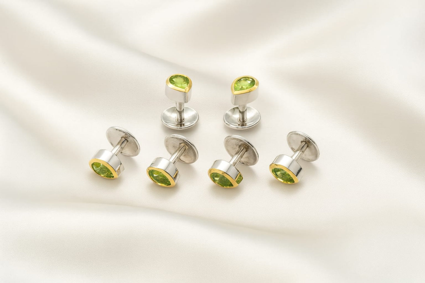 PEAR CUT Men’s Cufflinks & Tuxedo Studs Set 925 Sterling Silver 22K Yellow Gold Plated Formal Jewelry