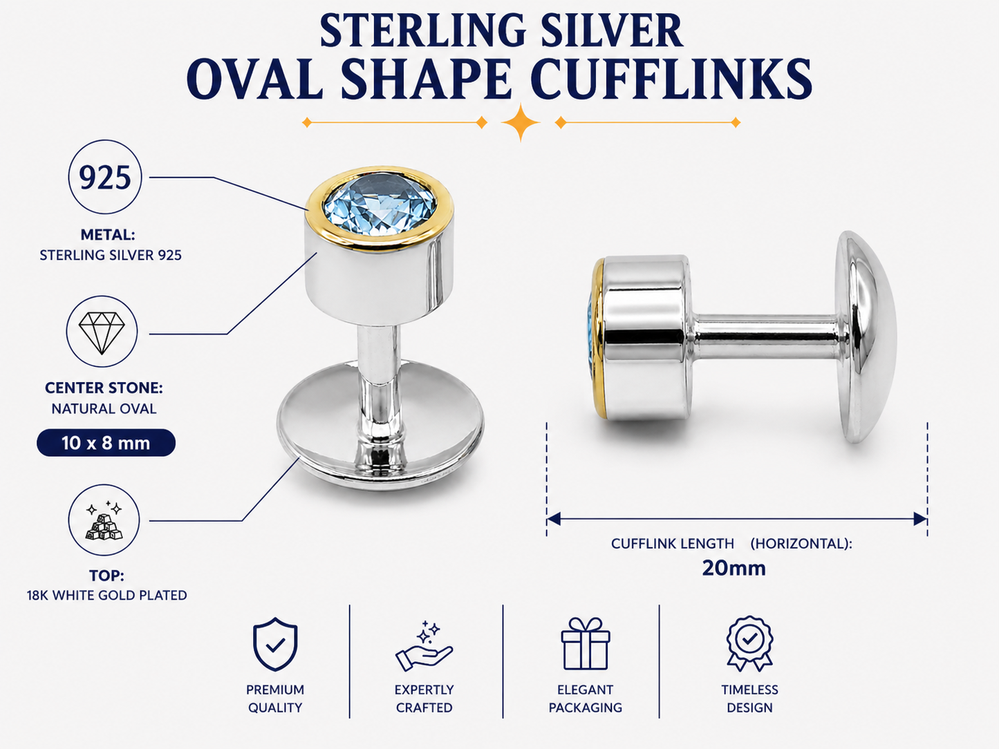 Natural Stone Oval Shape Cufflinks – 18K White Gold Plated