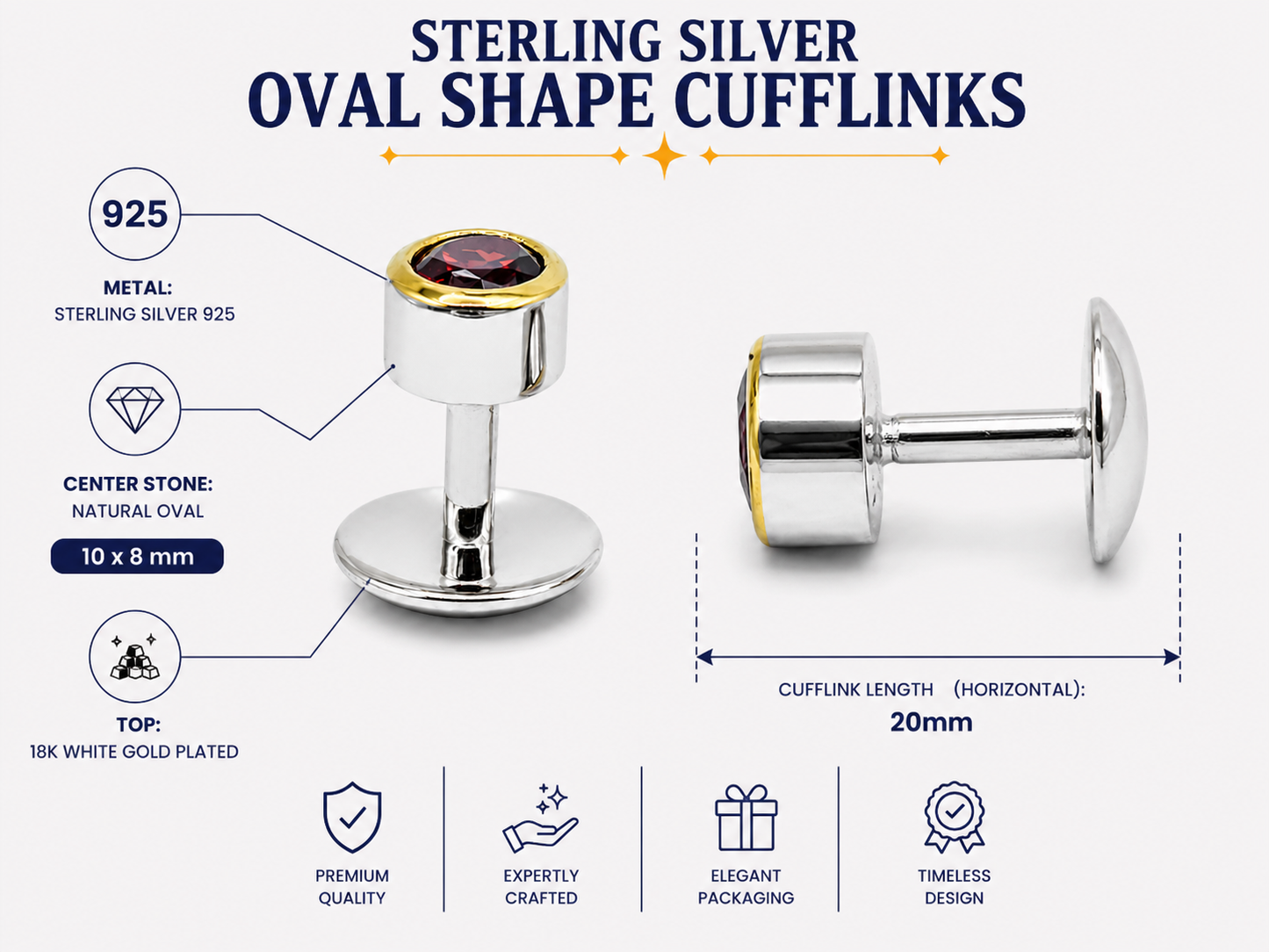 Natural Stone Oval Shape Cufflinks – 18K White Gold Plated