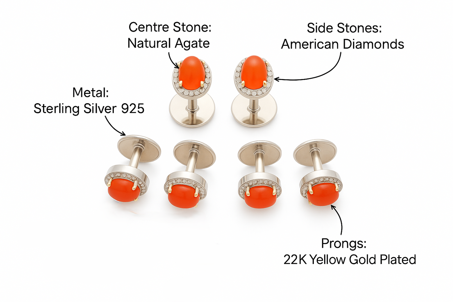 Luxury Sterling Silver 925 Shirt Studs for Tuxedo & Formal Wear