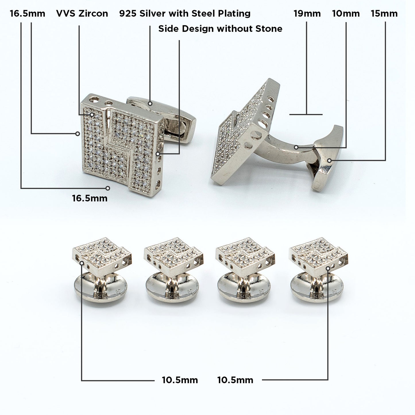 Tuxedo Shirt Studs Cufflinks Set For Men Handcrafted 21k white Gold Rhodium Plated