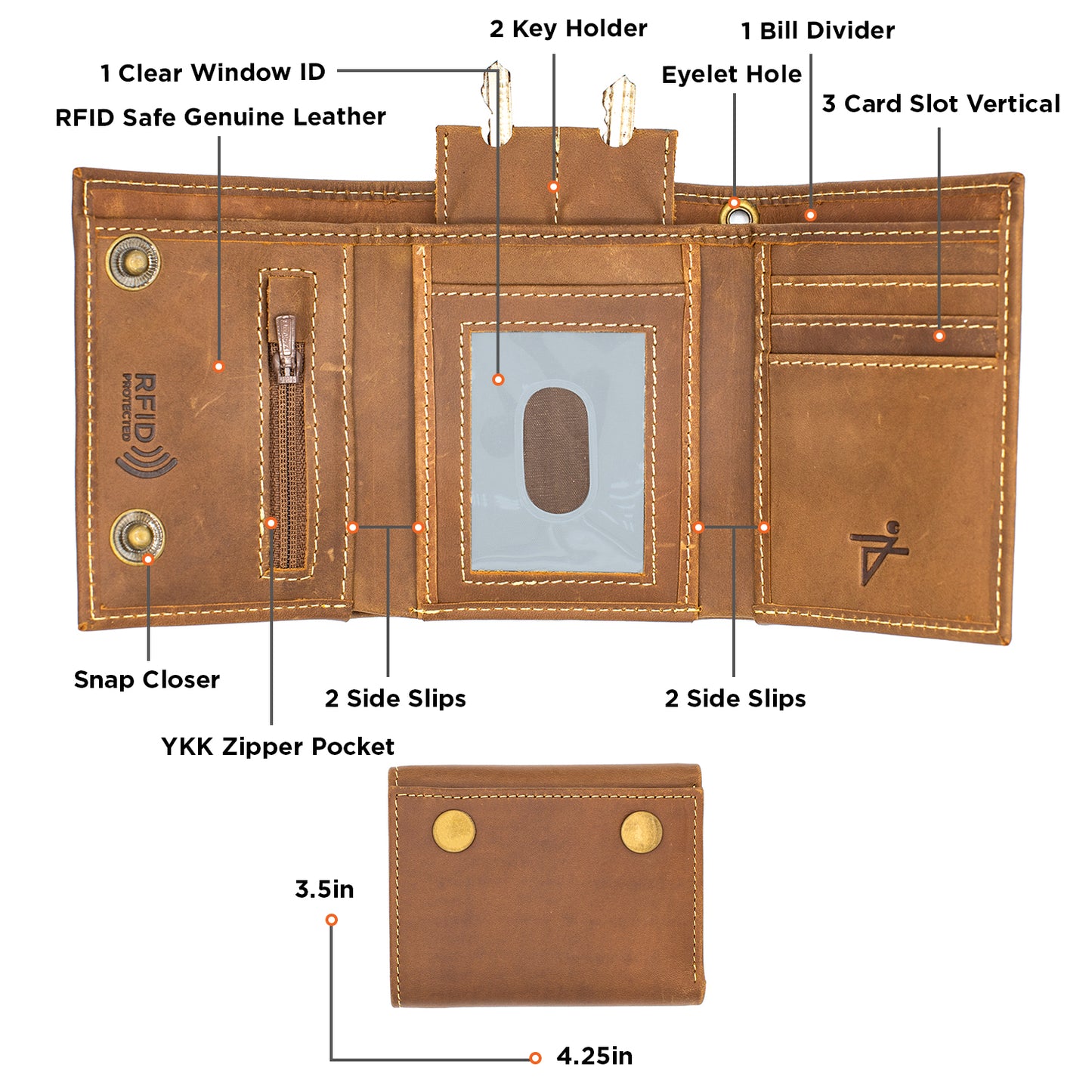 Snap Button Trifold Wallet for Biker