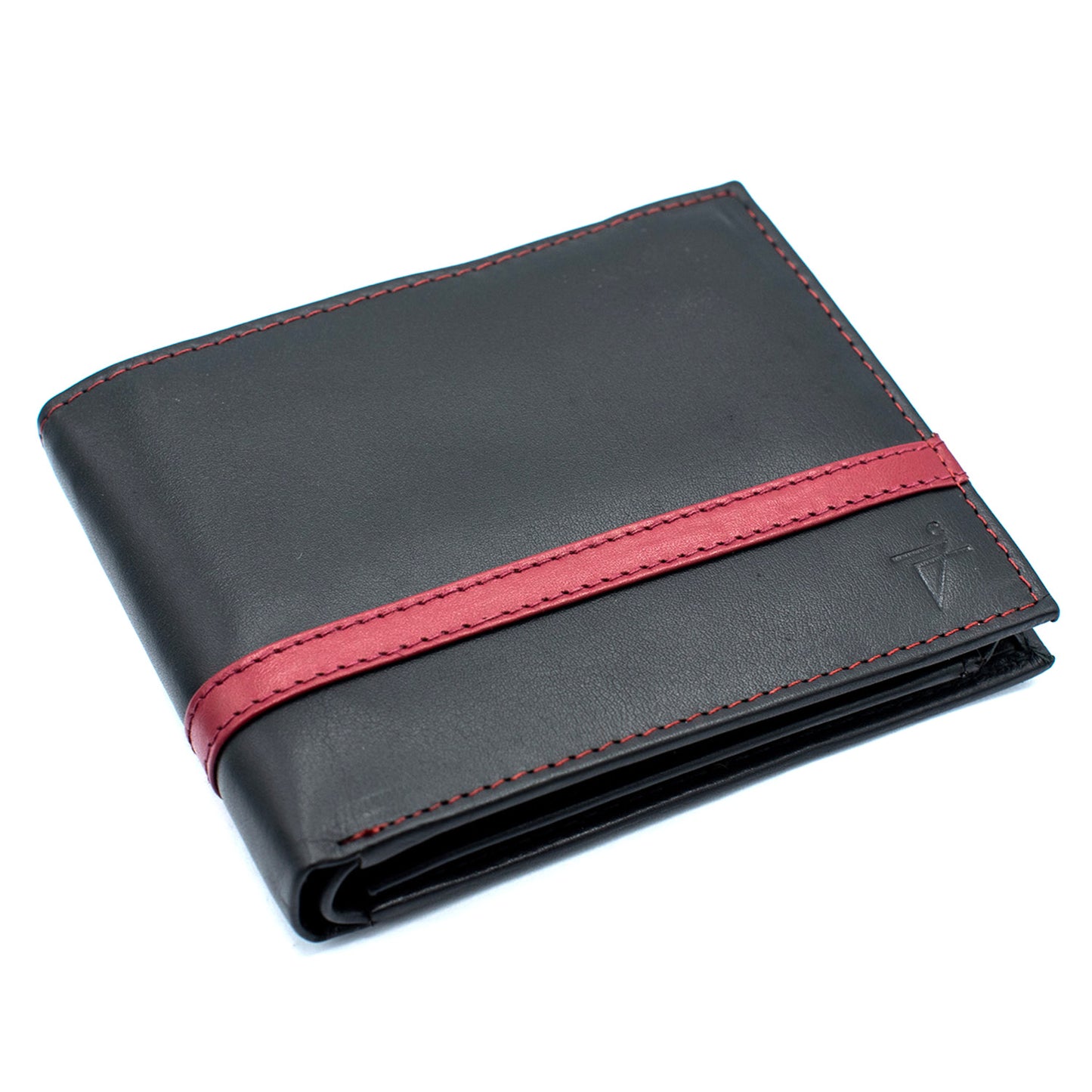 Mens Black Bifold Leather Wallet with Red Stripe