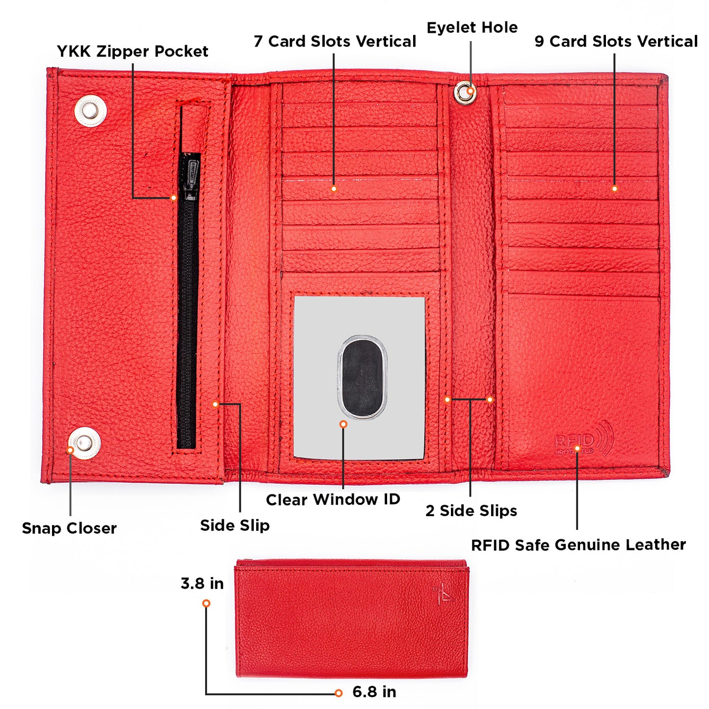 Leather RFID checkbook trifold wallet Red