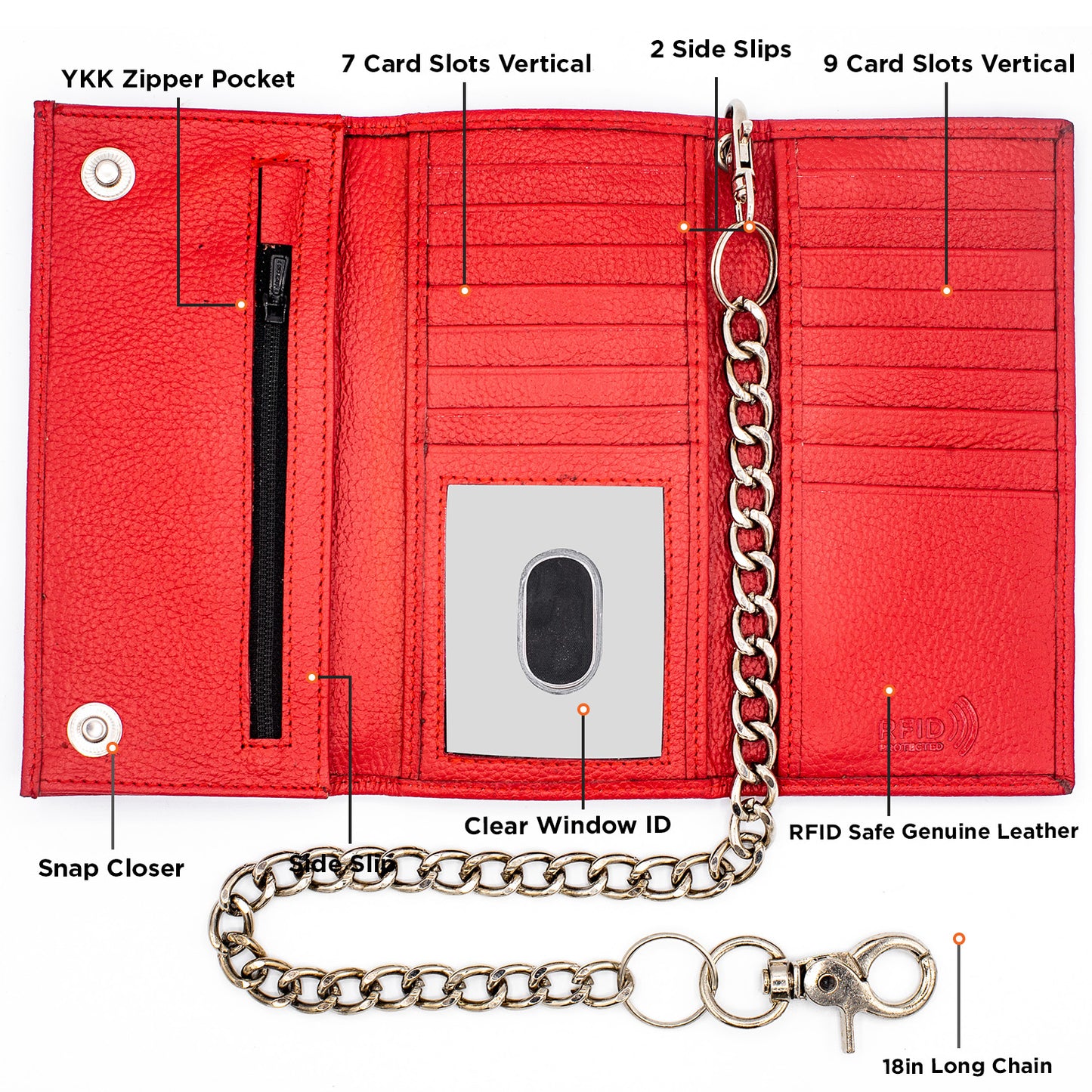 Red trifold checkbook chain leather wallet