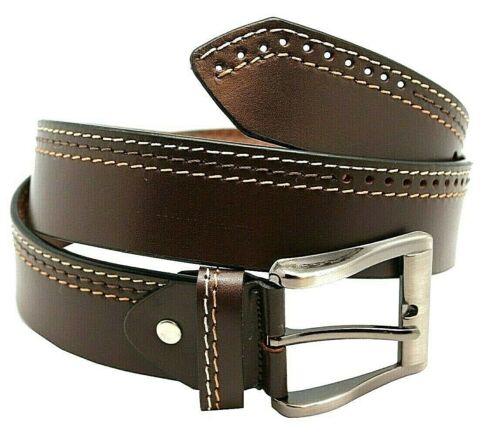 Genuine leather waist belt for men with a square silver buckle and premium brown stitching.