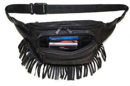 RFID Safe Music Festival Leather Fur Fringe Black Fanny Pack Travel Hip Belt Bag