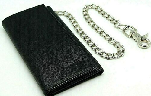 Biker Tri-Fold Leather RFID Safe Long Checkbook Trifold Chain Wallet for Men's J312B