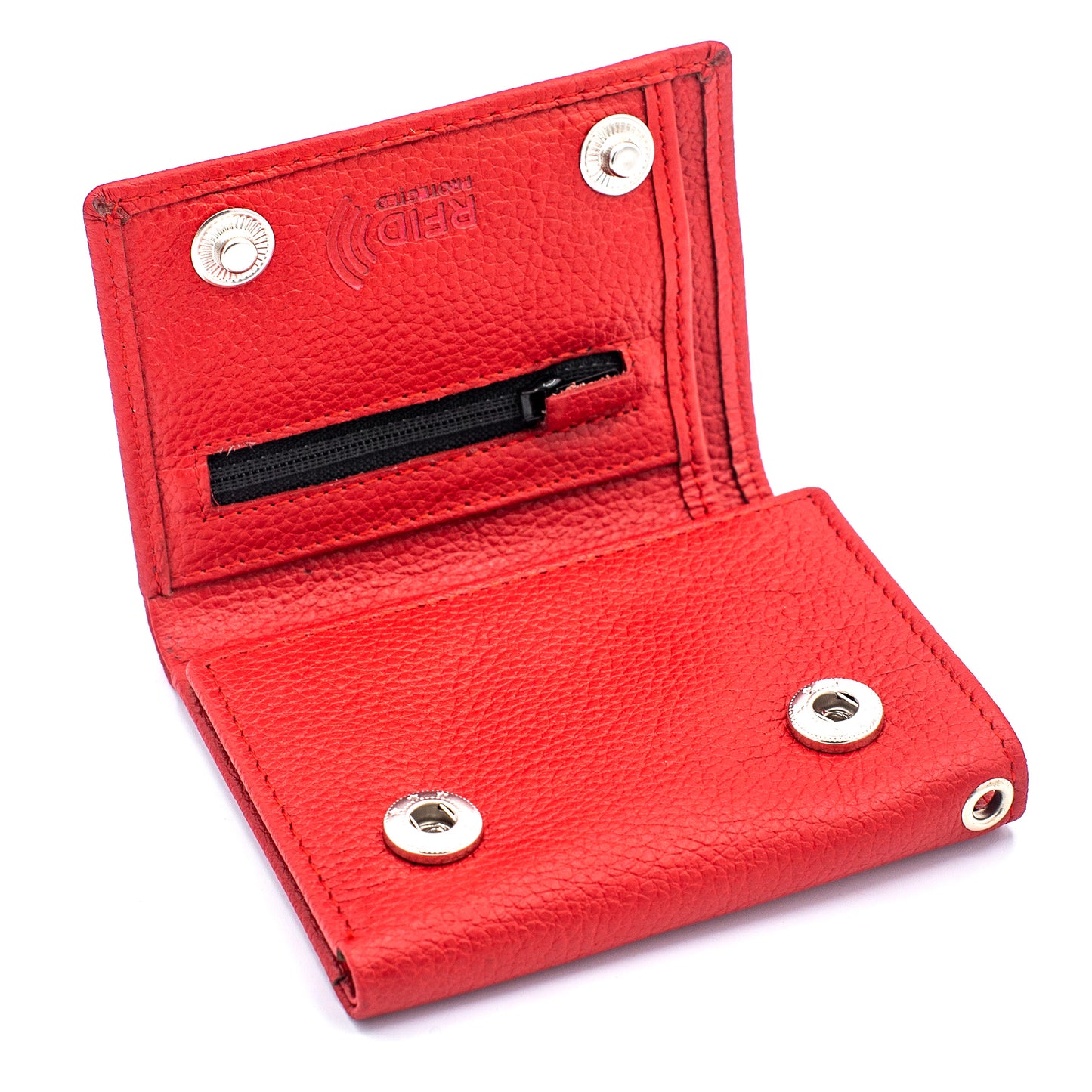 Trifold RFID Safe Leather Red Eye-Let Hole Wallet for Men With Key Holder And Zipper Pocket Inside