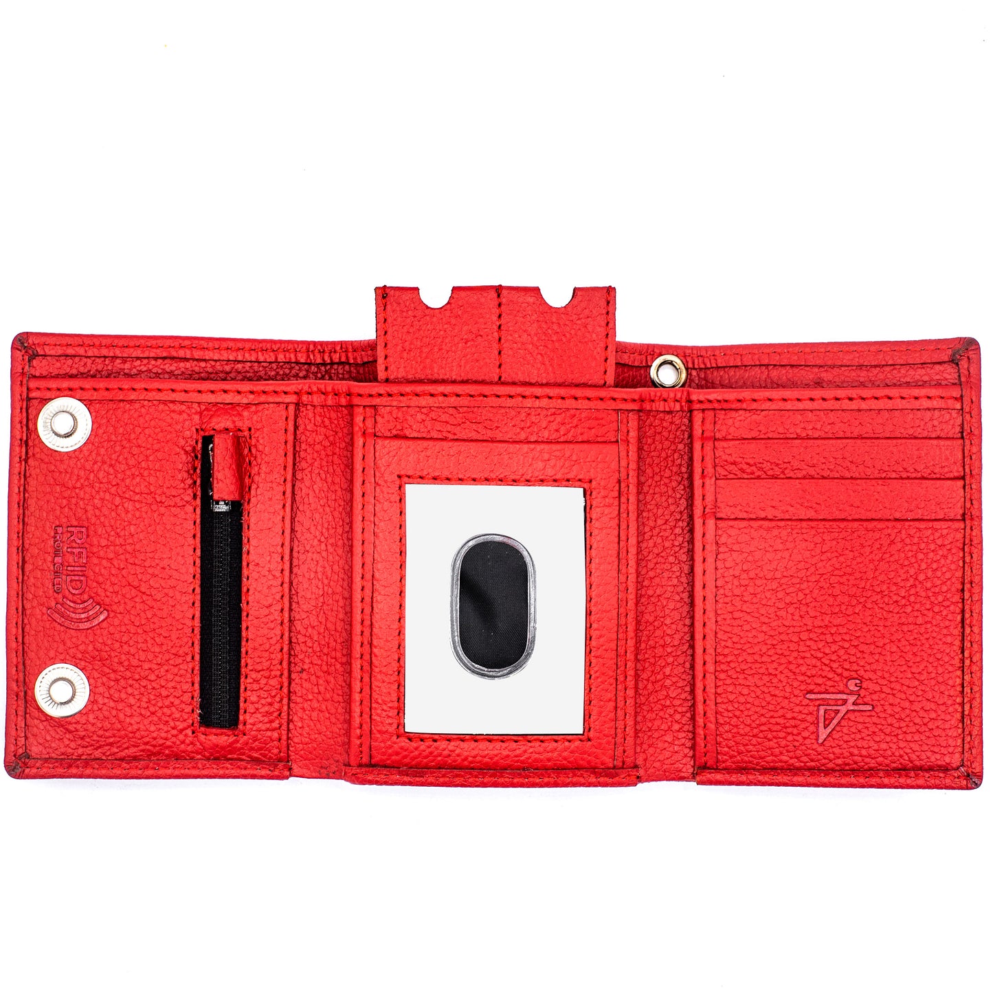 Trifold RFID Safe Leather Red Eye-Let Hole Wallet for Men With Key Holder And Zipper Pocket Inside