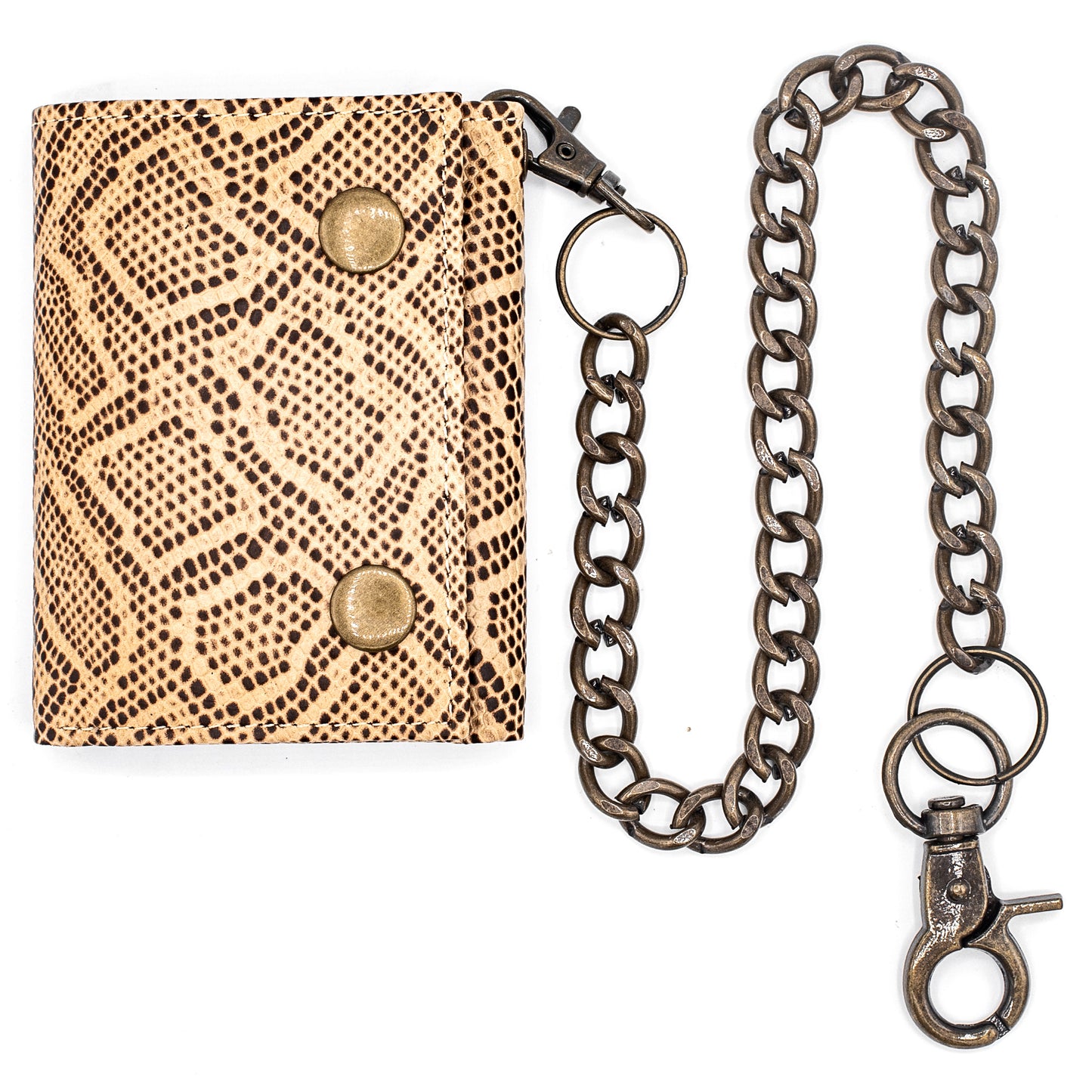 Trifold RFID Safe Tan Leather Brown Cobra Chain Wallet for Men With Key Holder And Zipper Pocket Inside