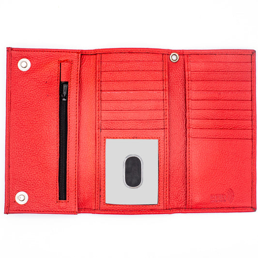 Red Leather RFID Trifold Wallet – Checkbook Size