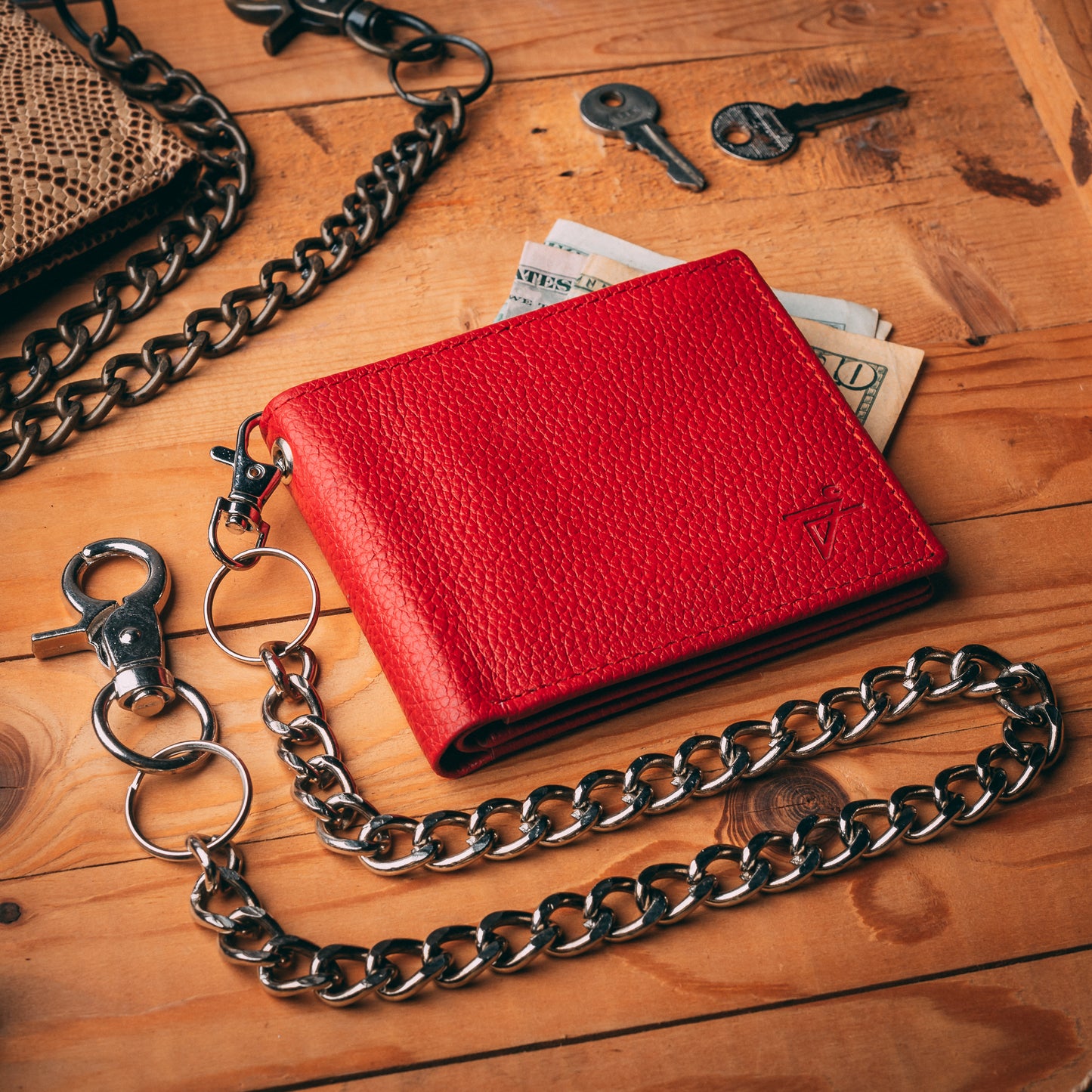 Men's RFID Blocking Red Bi-fold Chain Wallet with Window ID and Key Ho