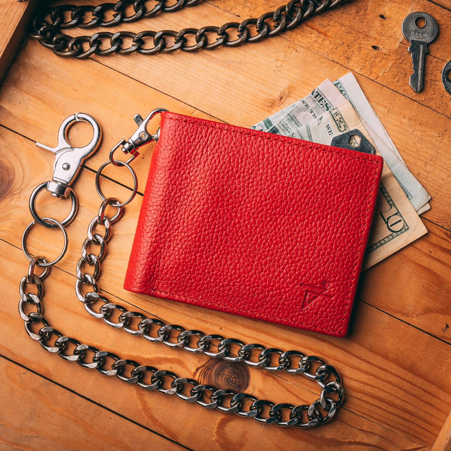 Men's RFID Blocking Red Bi-fold Chain Wallet with Window ID and Key Holder  J521 - WC